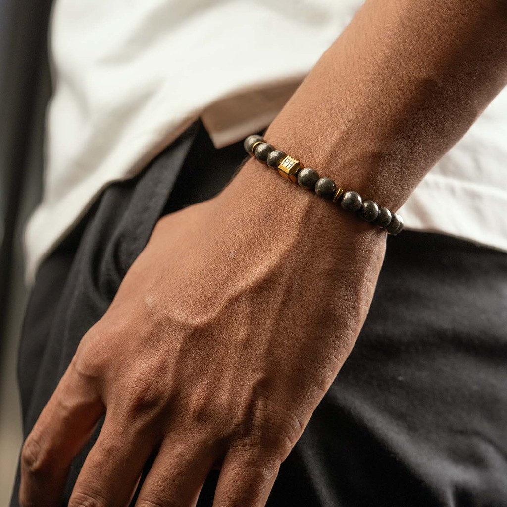 Pyrite Gemstone Bracelet — Natural Stone Bead Bracelet with Gold Accents